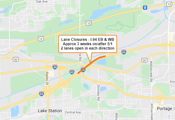 Lane closures to occur on I-94 in Porter County - WIMS AM 1420