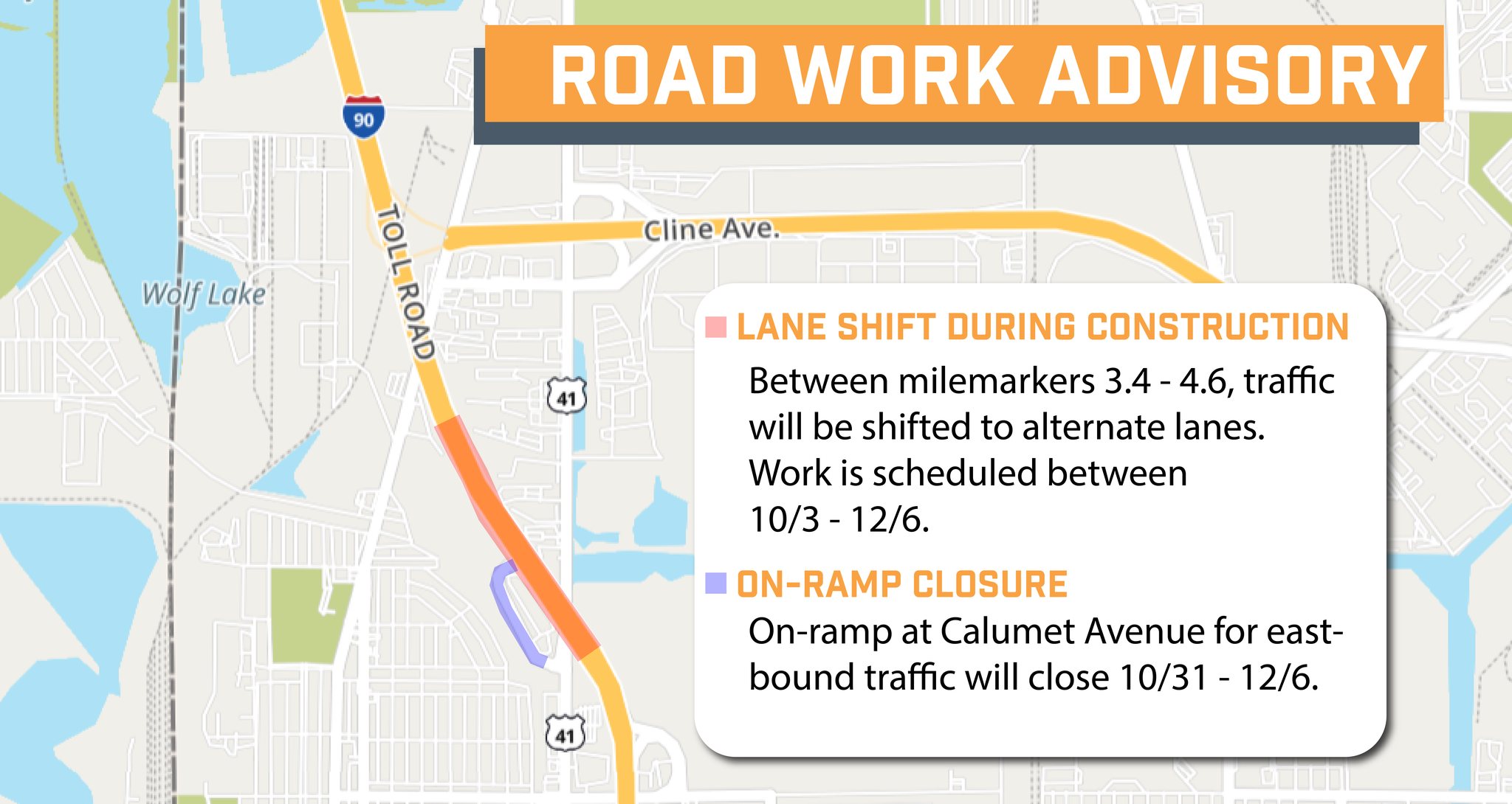 Lane shift during construction in Lake County, on-ramp at Calumet to close