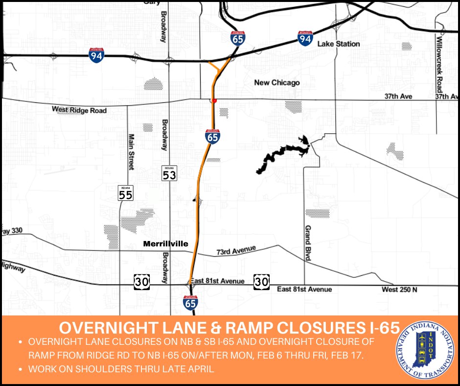 INDOT announces overnight lane and ramp closures on I65