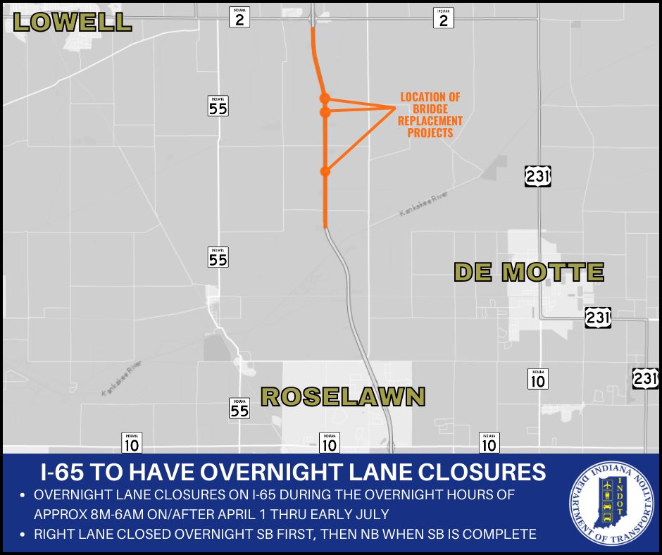 I-65 will have overnight lane closures south of State Road 2