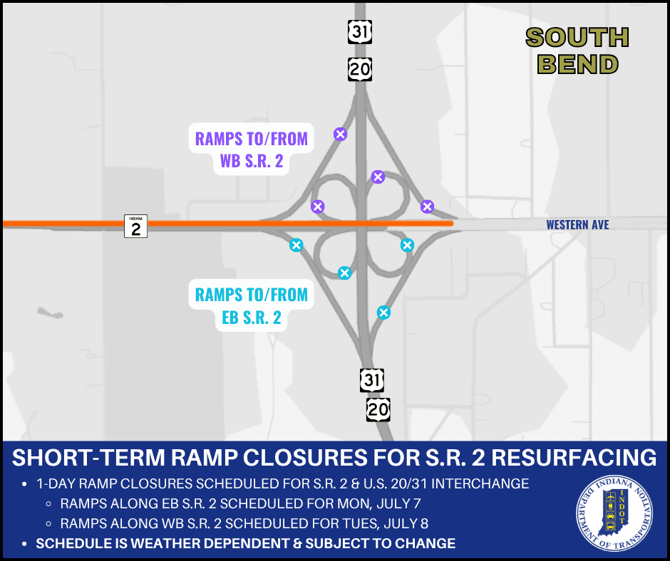 Short-term ramp closures planned for State Road 2 at U.S. 20/31