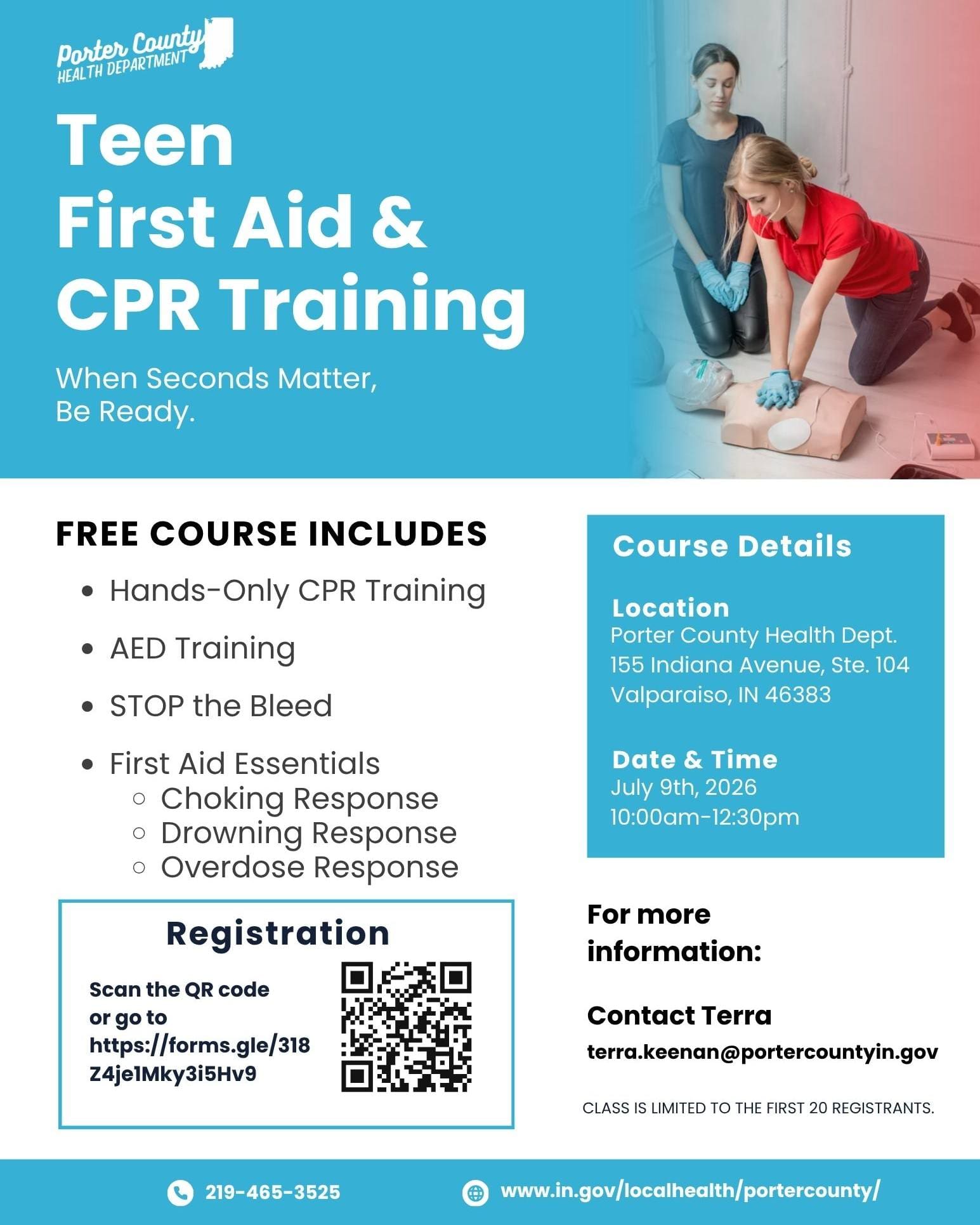 July Teen First Aid and CPR Training at Porter County Health Department