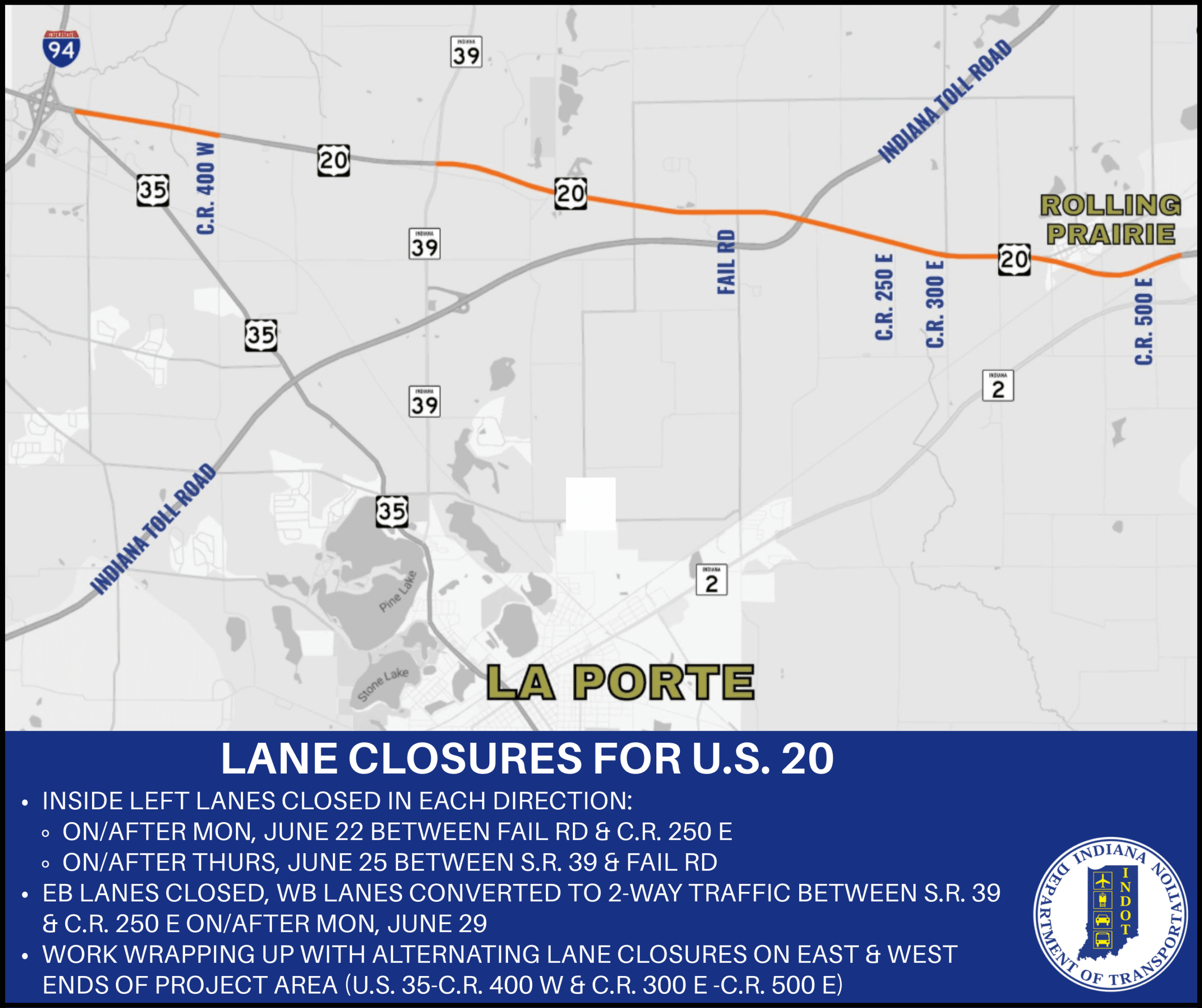 Traffic switches scheduled for U.S. 20 auxiliary two-way left turn lane work