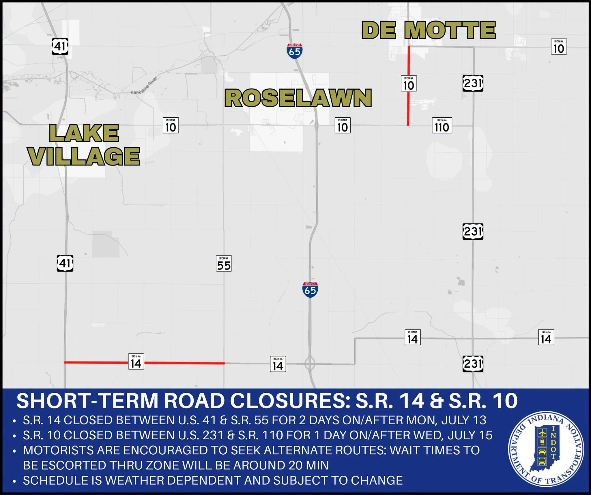 State Road 14 and State Road 10 to have short-term closures in Newton and Jasper Counties