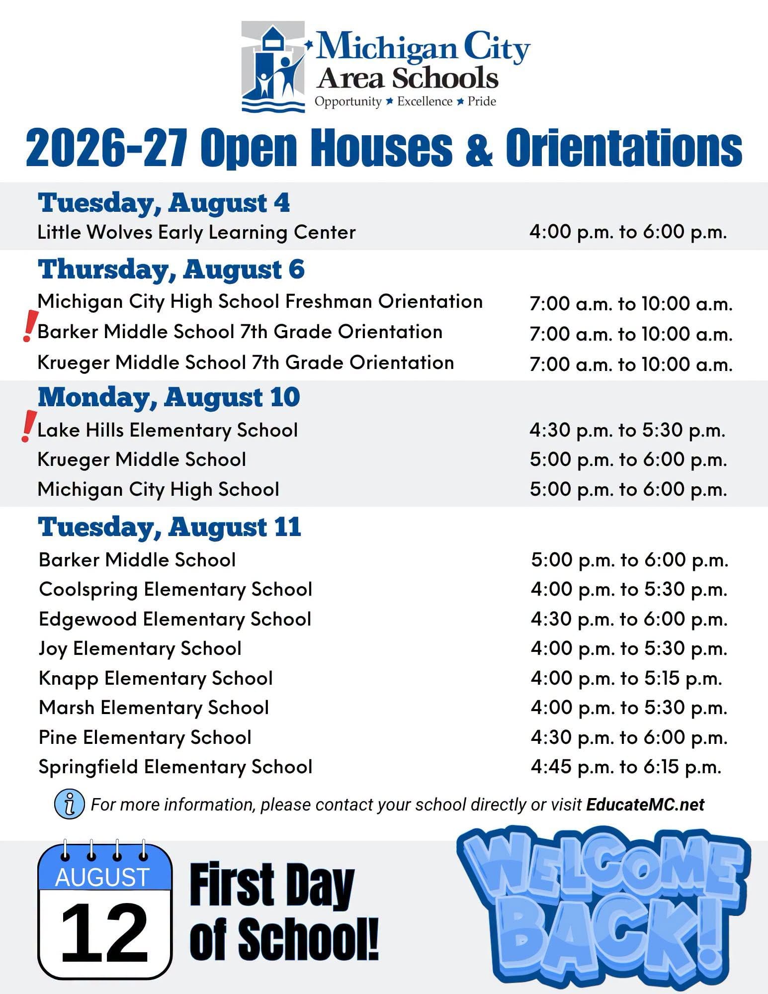 Michigan City Area Schools orientations and open houses information