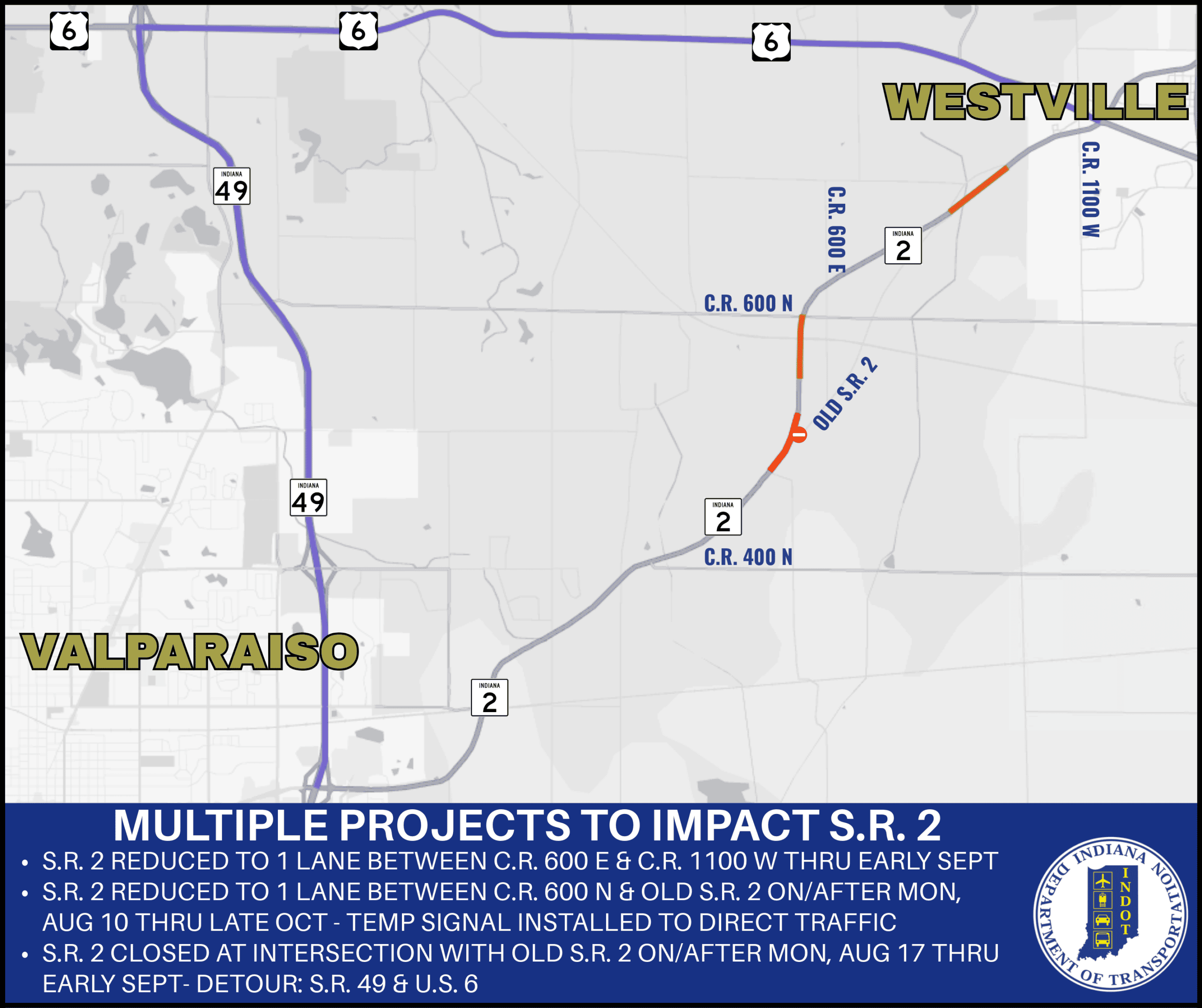 Multiple projects to impact S.R. 2 between Valparaiso and Westville
