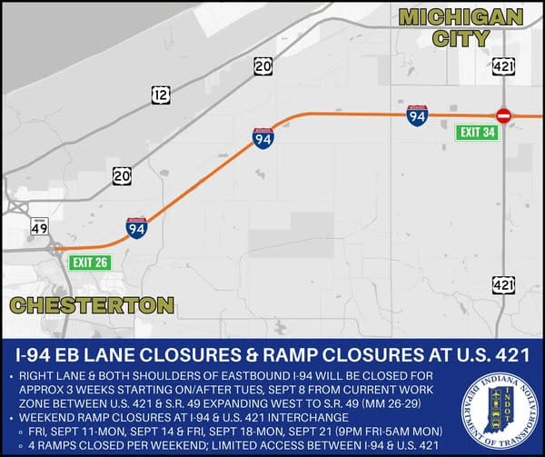 LANE & RAMP CLOSURES - I-94 in Porter & La Porte counties