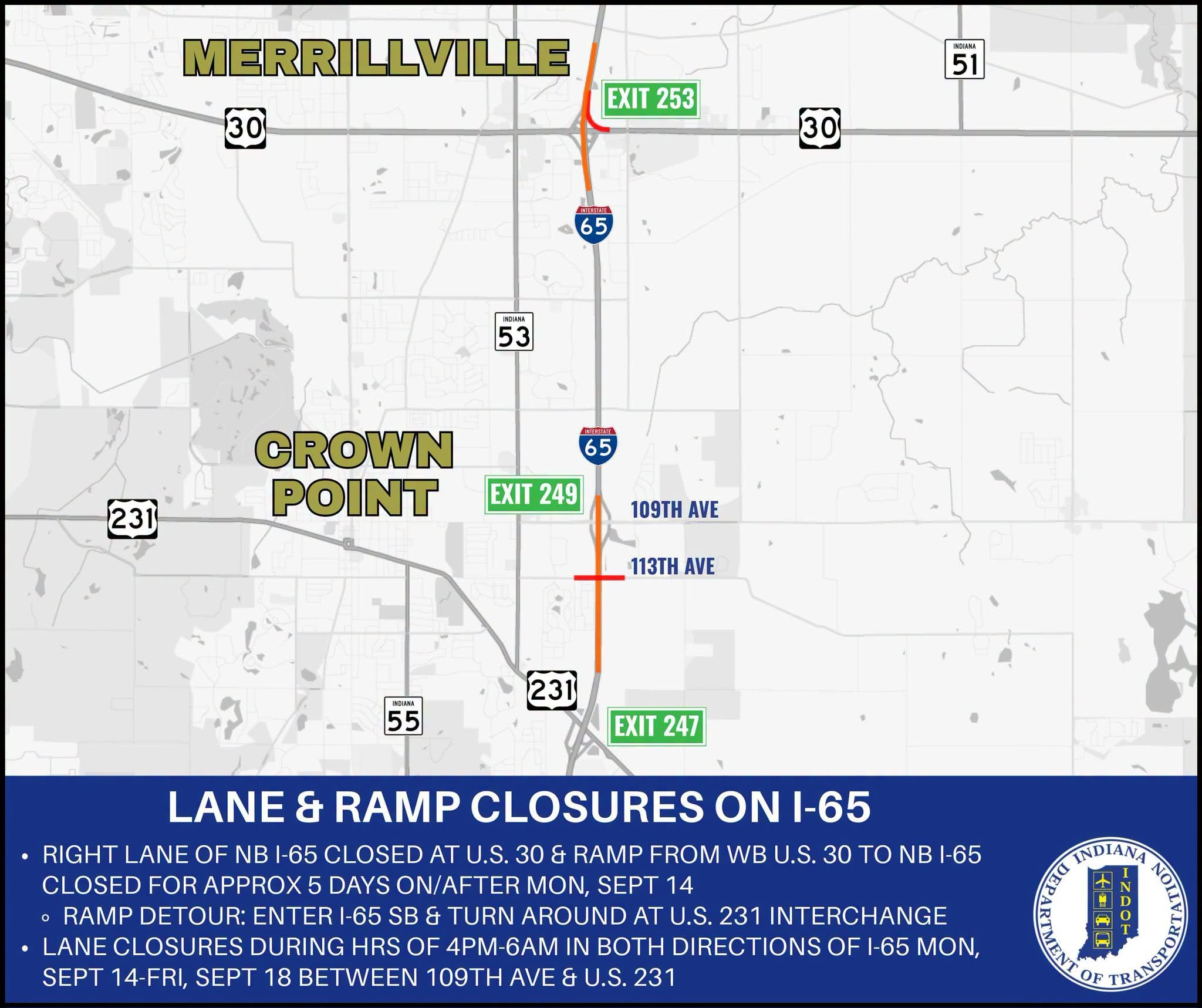 I-65 lane and ramp closures between U.S. 30 and U.S. 231