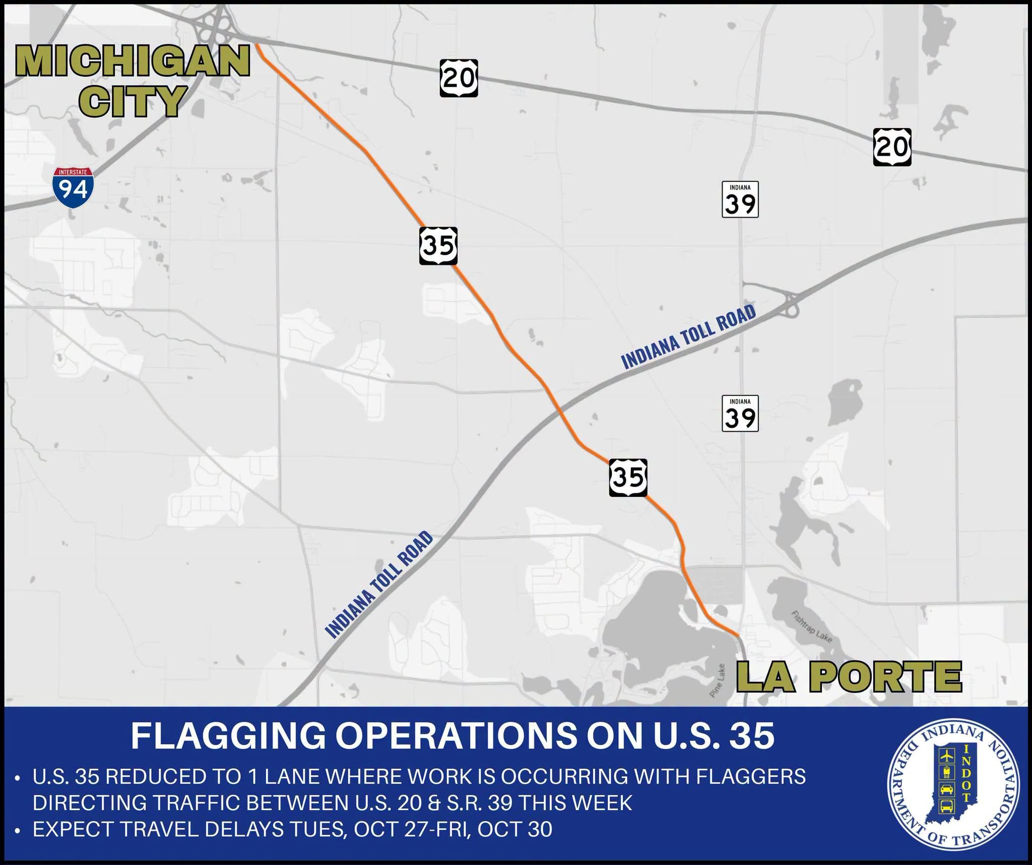 Flagging operations scheduled for U.S. 35 between La Porte and Michigan City
